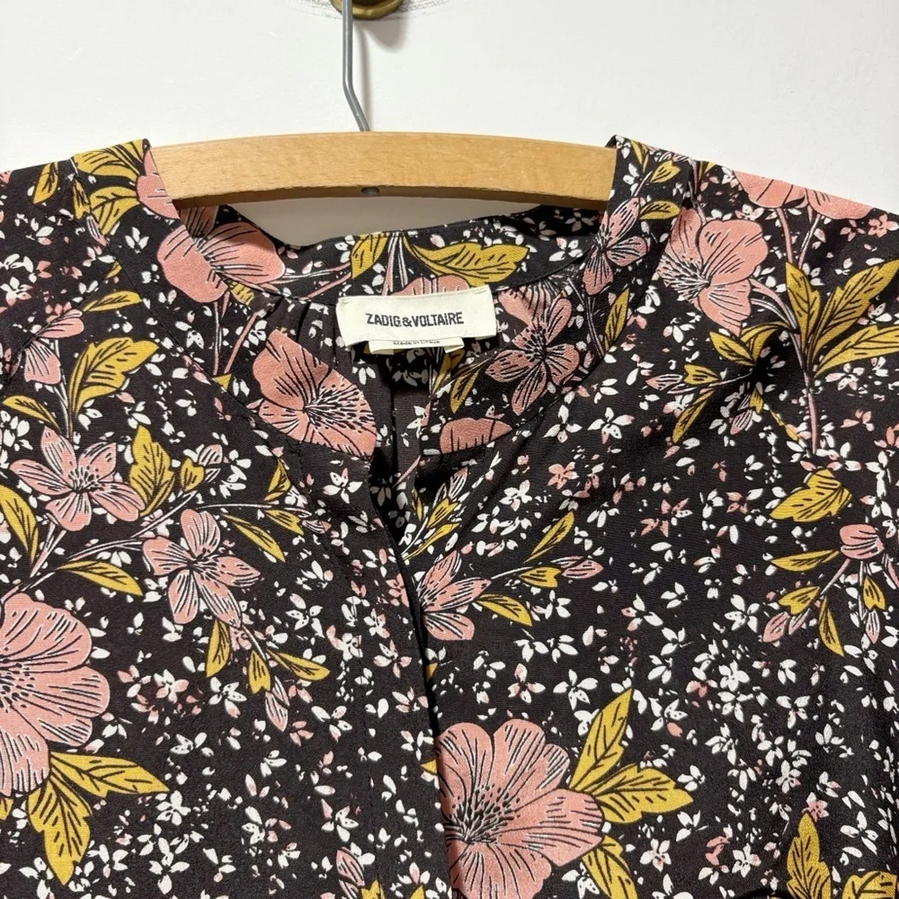 Zadig and Voltaire Chai Print Dark Floral 100% Silk Blouse Top Size XS Luxury - Picture 8 of 14